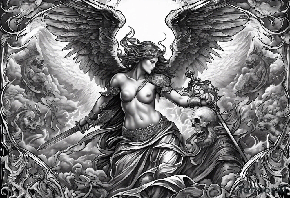 Angels fighting demons over fire with skuls in the background tattoo idea