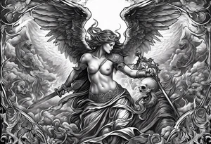 Angels fighting demons over fire with skuls in the background tattoo idea