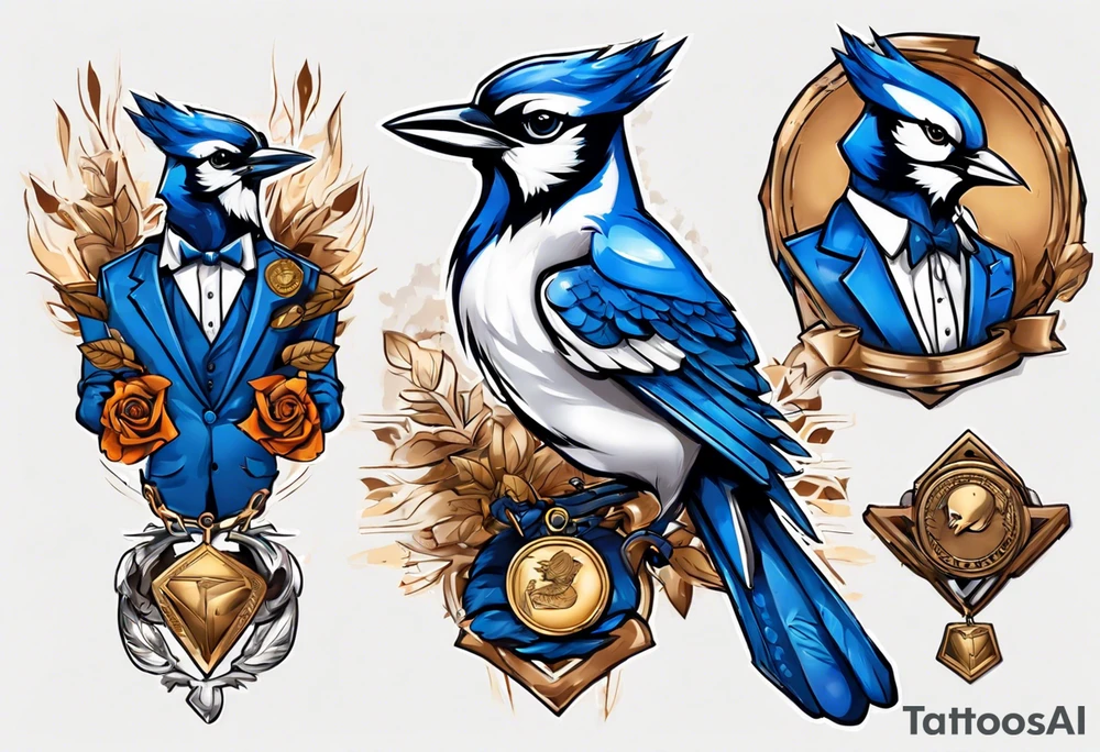 bluejay in a suit with a single medal tattoo idea