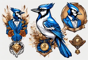bluejay in a suit with a single medal tattoo idea