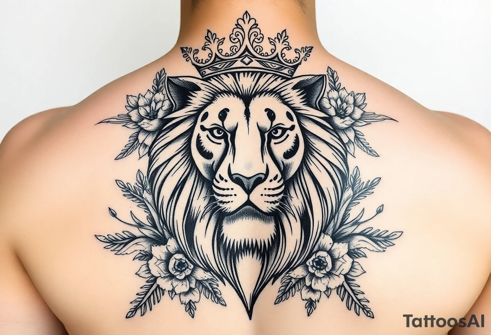powerful majestic lion with a crown, surrounded by floral ornaments and birds tattoo idea