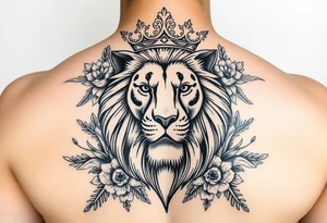 powerful majestic lion with a crown, surrounded by floral ornaments and birds tattoo idea