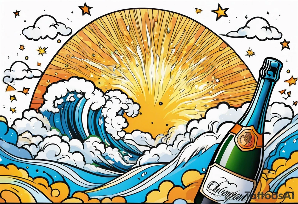 A champagne bottle exploding in the sky above the earth tattoo idea