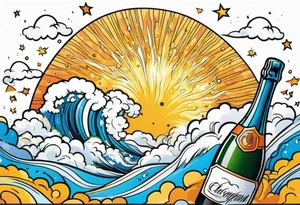 A champagne bottle exploding in the sky above the earth tattoo idea