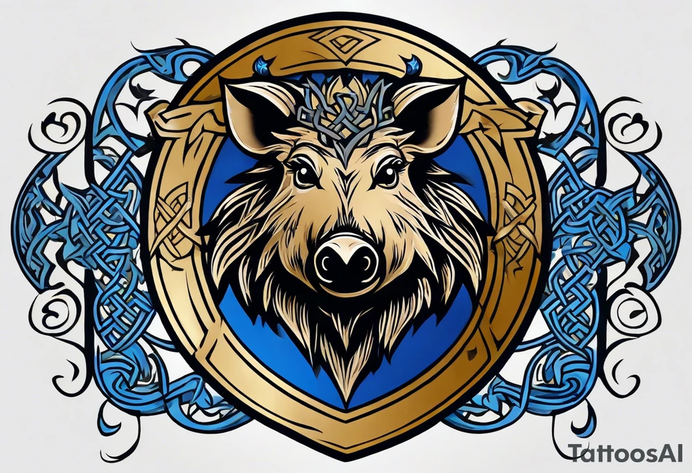 Side profile, Celtic, tribal, wild boar, On a Chatwin family crest with blue background, two gold stars, and a gold Chevron, and a Thistle. With thick black tribal lines. tattoo idea