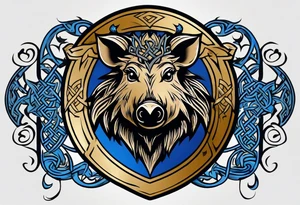 Side profile, Celtic, tribal, wild boar, On a Chatwin family crest with blue background, two gold stars, and a gold Chevron, and a Thistle. With thick black tribal lines. tattoo idea