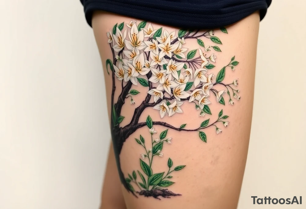 Flowering hawthorne tree with white lilly of the vally bell plants planted by  tree with other lilly plants t8q tattoo idea