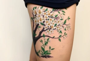 Flowering hawthorne tree with white lilly of the vally bell plants planted by  tree with other lilly plants t8q tattoo idea