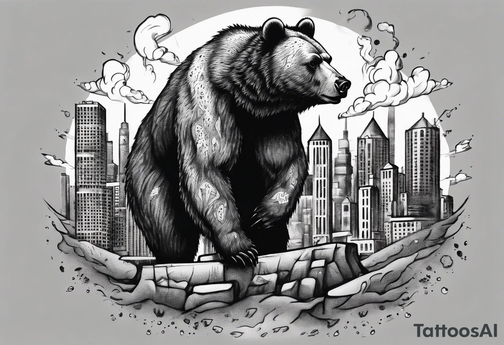 Serious bear coming up behind a city tattoo idea
