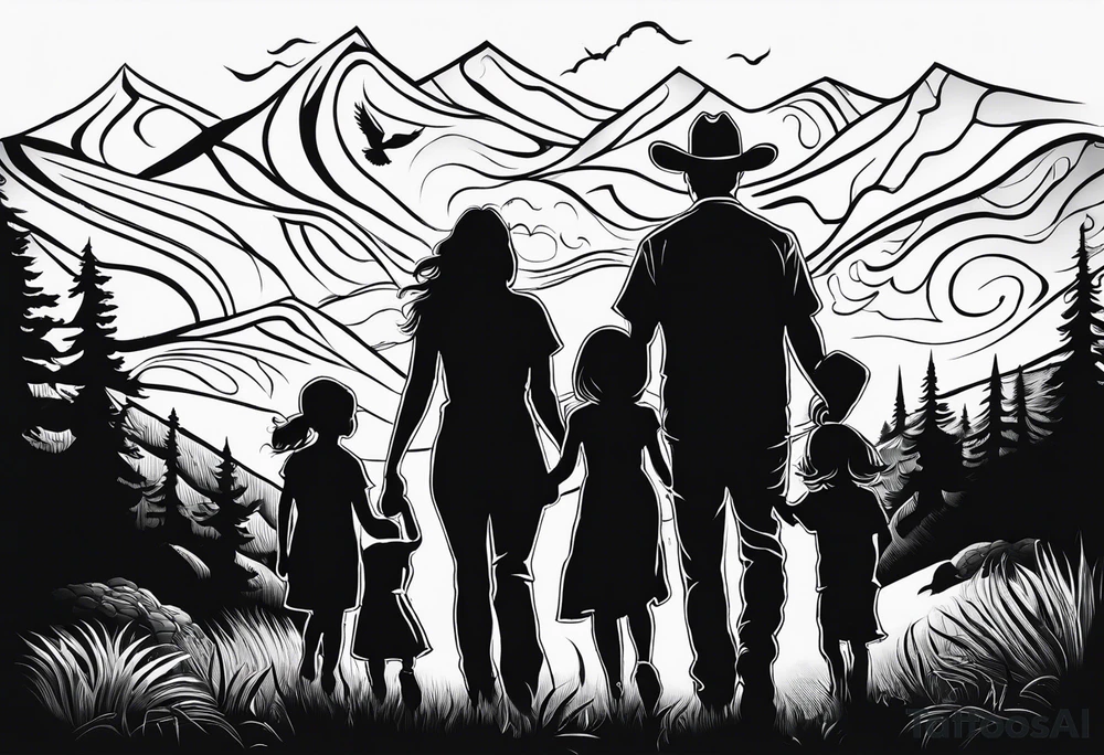 Pacific Northwest landscape, father , mother,  son and daughter shadow
. Mexican American inspiration tattoo idea