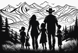 Pacific Northwest landscape, father , mother,  son and daughter shadow
. Mexican American inspiration tattoo idea