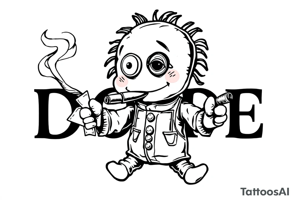 Stitched up rag doll with a button as one eye and some thread as the other. Holding some money in one hand and a cigar in the other hand. Smoke pouring off the cigar with the cloud of smoke above spelling out the word DOPE tattoo idea