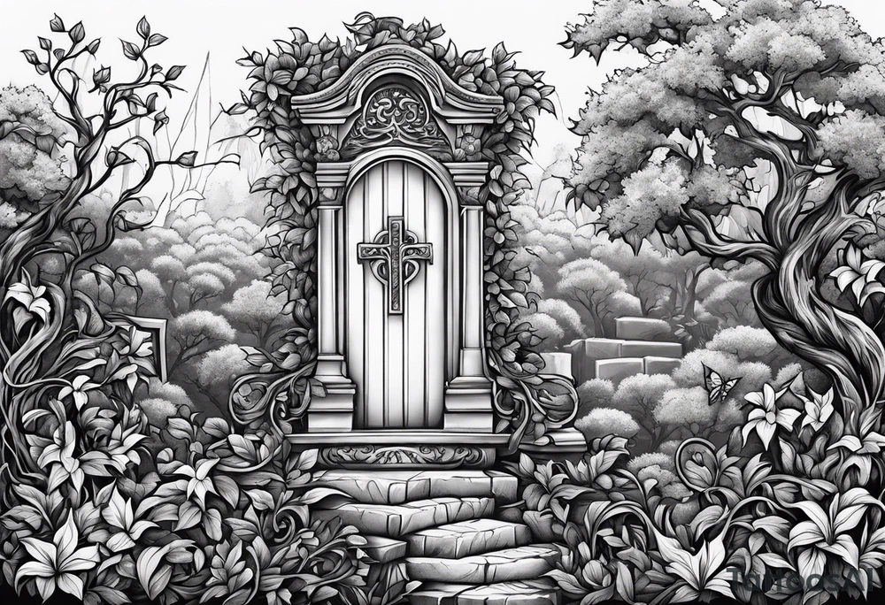 Leafy vines with grave yard tattoo idea