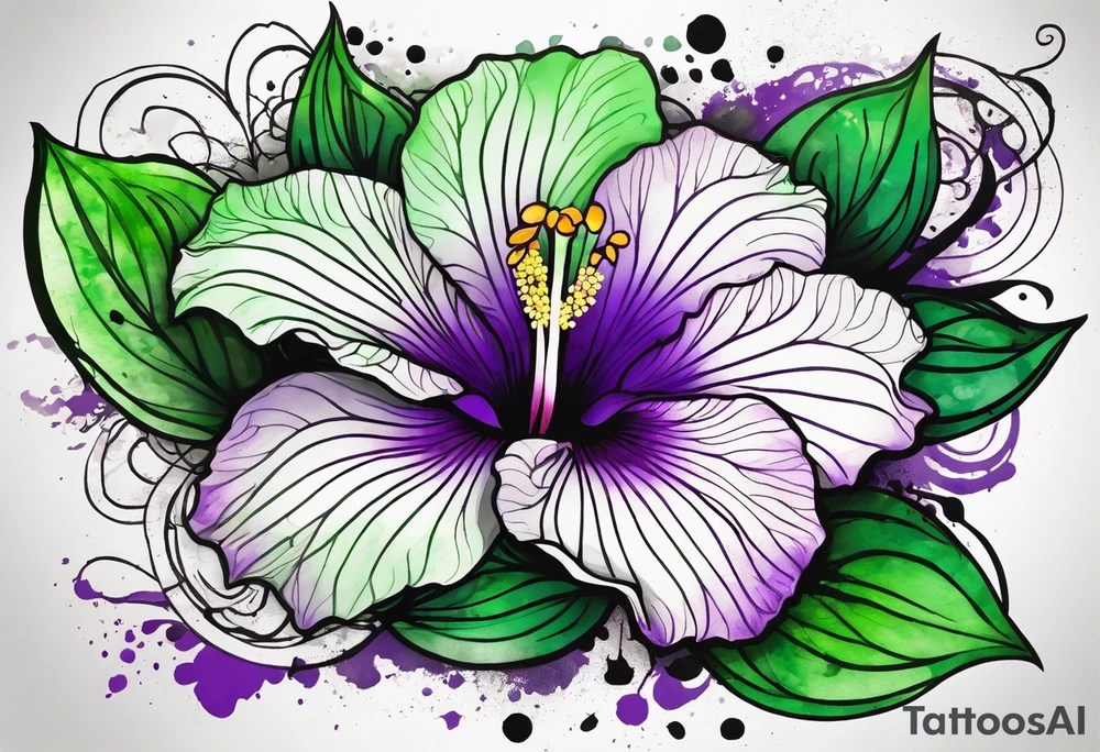 A mystical outline of a green and purple rio dipladenia flower and a green and purple watercolor splash in the background tattoo idea