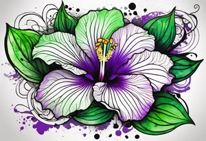 A mystical outline of a green and purple rio dipladenia flower and a green and purple watercolor splash in the background tattoo idea