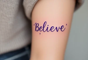 The word "Believe" in purple, with subtle lightning bolts in white surrounding it, signifying power and inspiration. tattoo idea