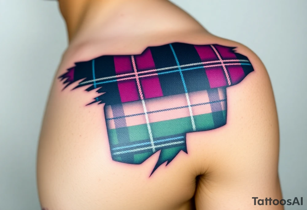 Side of arm Dark Purple with green pink blue and white highlights tartan fabric with skin peeling away at edges tattoo idea