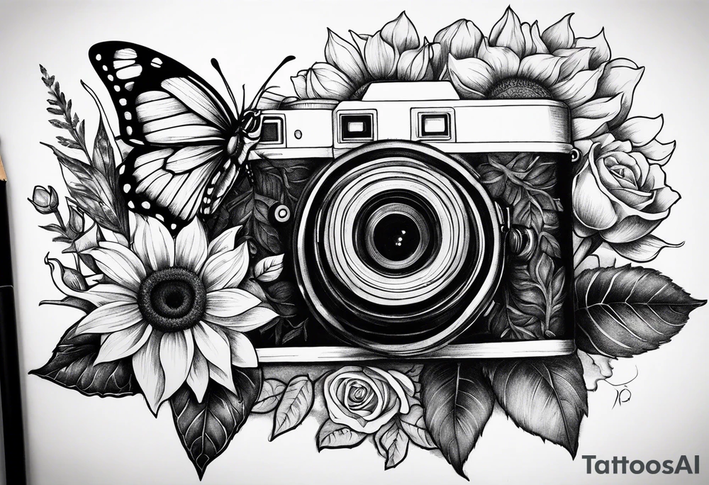 Butterfly, sunflower, camera, book, flower rose tattoo idea