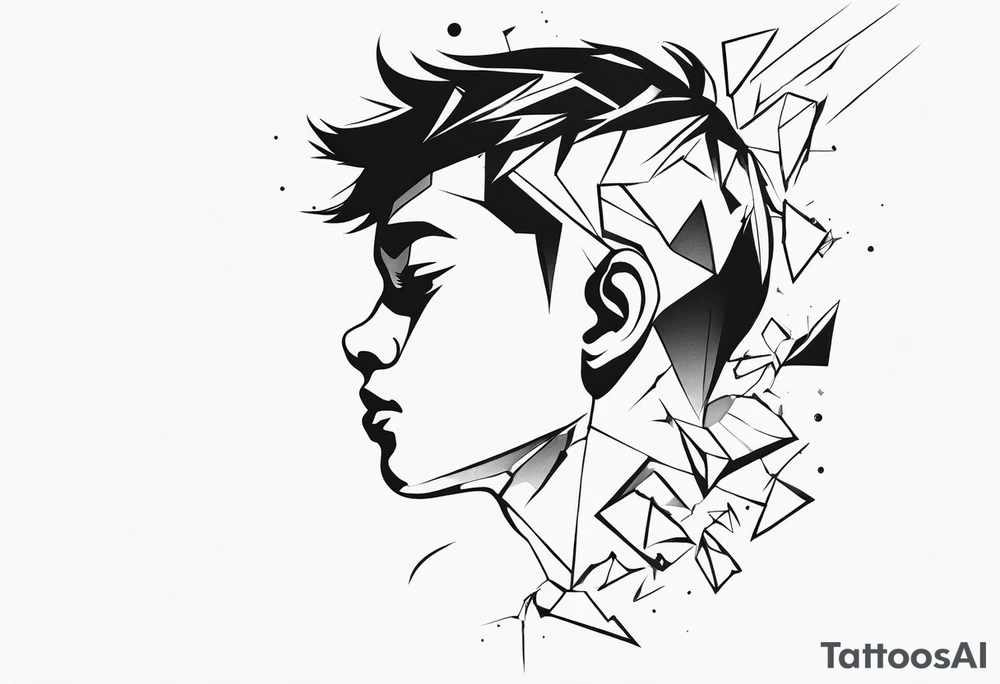 boy looking up into the sky, the boy is made of broken pieces tattoo idea