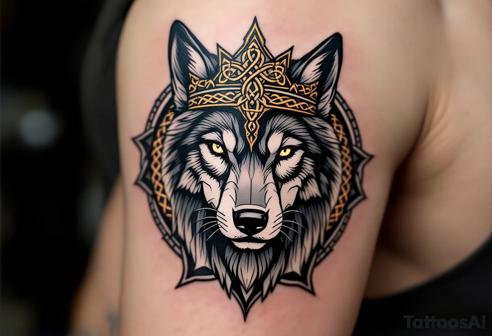 Alpha Wolf with Celtic Crown – A proud black-and-silver wolf wearing a crown made of Celtic knots and deep gold accents. tattoo idea