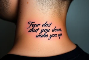 "Fear does not shut you down, it wakes you up engraved in an elegant script, surrounded by subtle abstract smoke tattoo idea