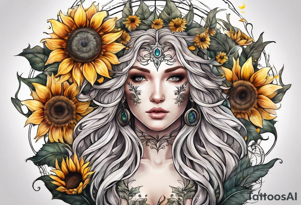 Feminine Yggdrasil tree with two sunflowers tattoo idea