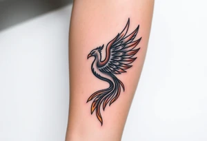 magnificent phoenix rising from golden flames with trailing embers tattoo idea