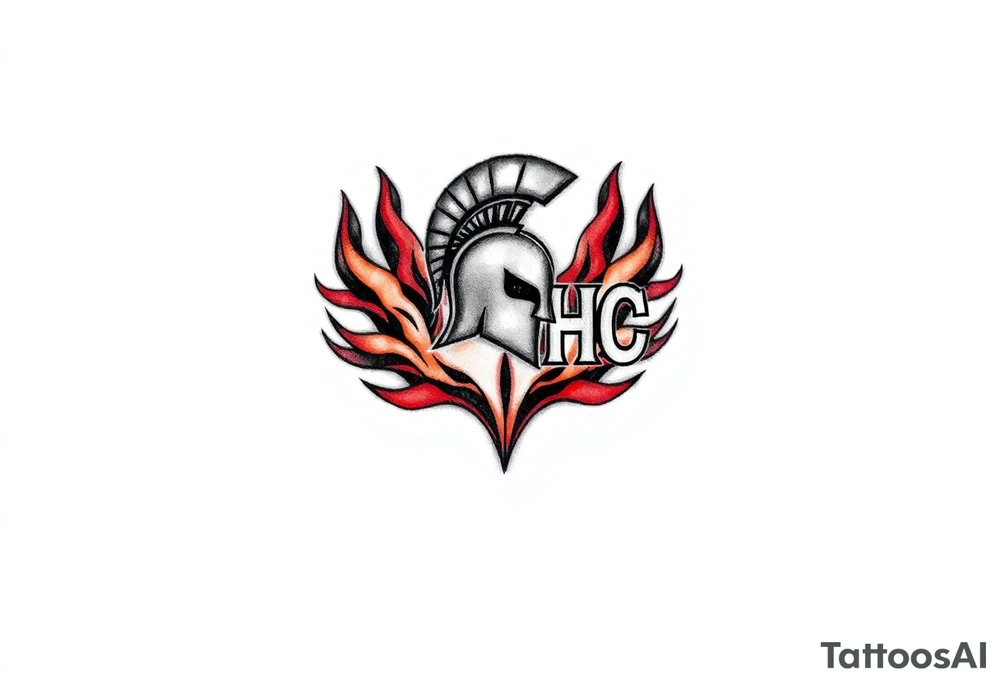 A leg sleeve merging AC and HC Sparta logos, surrounded by flames in red, orange, and violet. tattoo idea