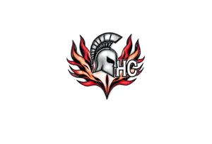 A leg sleeve merging AC and HC Sparta logos, surrounded by flames in red, orange, and violet. tattoo idea