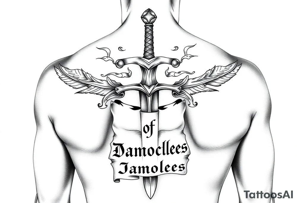 Please generate Polynesian style tattoos for me.
The sword should cover my back from top to bottom, passing over my spine with great relief and detail, surrounded by a parchment written in fine italic letters “Sword of Damocles”. tattoo idea