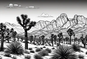 A dessert with joshua trees transitioning to pine trees and mountains tattoo idea