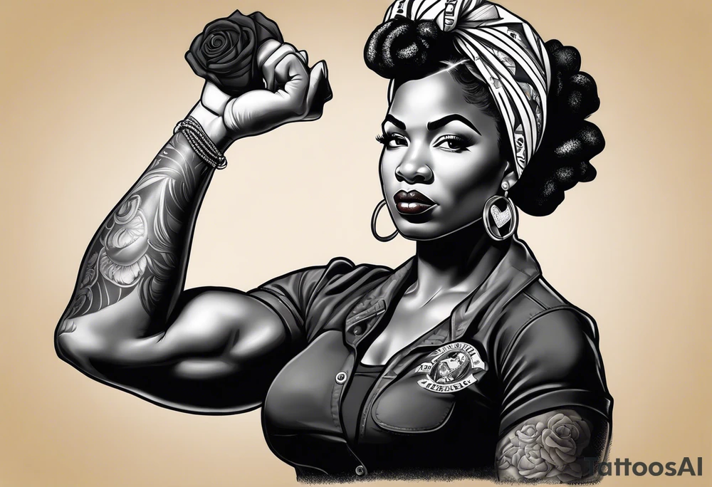 Beautiful black Rosie the riveter, making a muscle, realistic, wearing a bandanna, tied backwards,single mom, perseverance, dedication, loyal, African, strength, matriarch, tattoo idea