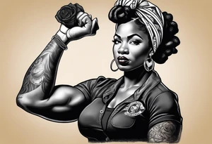 Beautiful black Rosie the riveter, making a muscle, realistic, wearing a bandanna, tied backwards,single mom, perseverance, dedication, loyal, African, strength, matriarch, tattoo idea