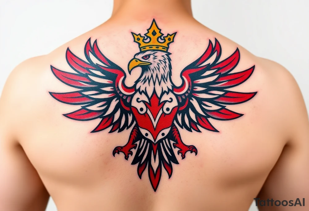 A majestic red and white Moravian eagle with golden crown on its head with intricate tribal patterns tattoo idea