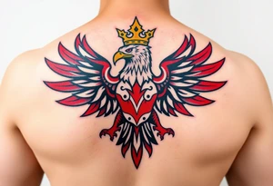 A majestic red and white Moravian eagle with golden crown on its head with intricate tribal patterns tattoo idea