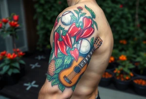 Super hot pepper plants, hot sauce, baseball, acoustic guitar, trumpet, with a gardening background tattoo idea