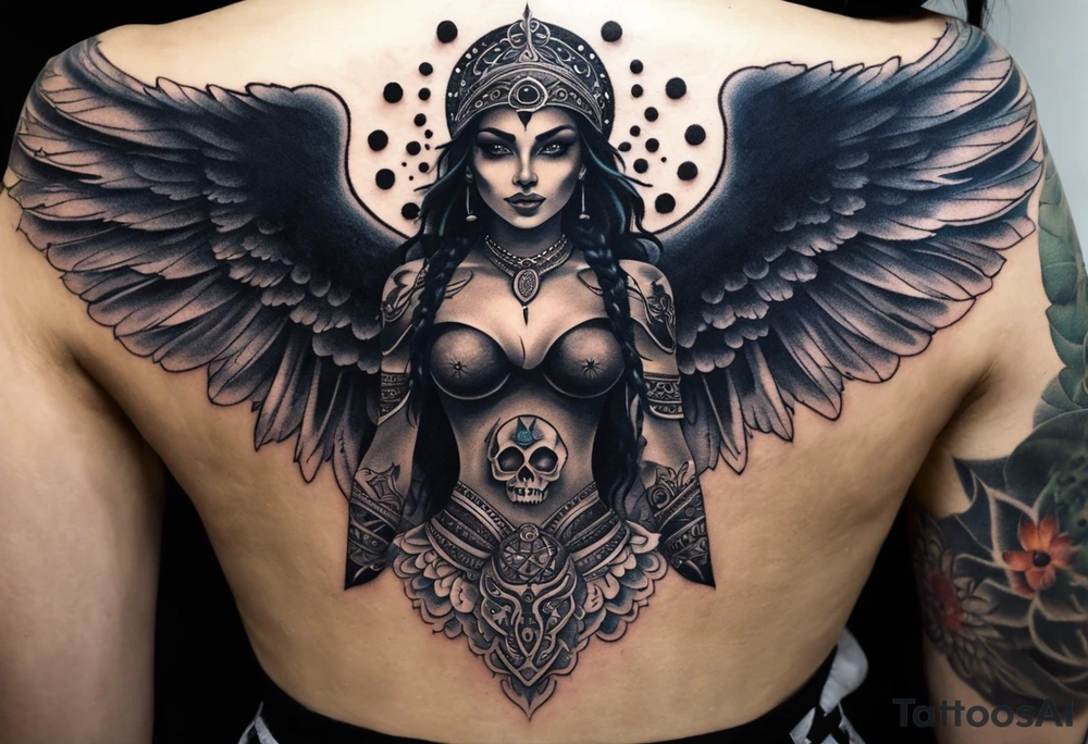 black kali, goddess pirate, alien, angel, pachamama, valkrye, warrior, flying, skull, lotus azul, wing, eagle, zenza resonance, stars, 5D, anahata chakra, death, durga, riding on a tiger, flying lady, chest tatoo tattoo idea