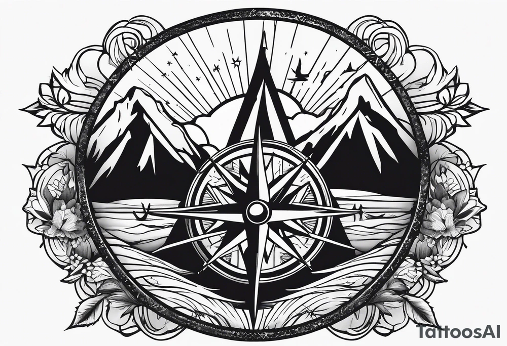 Compass rose with mountains tattoo idea