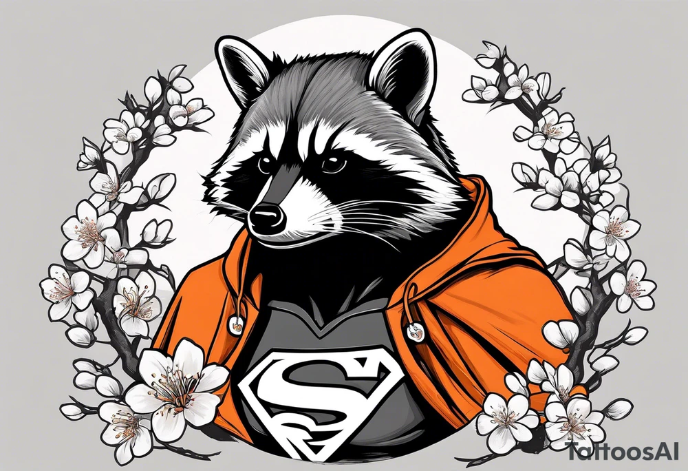Raccoon wearing a white Superman logo on a black hoodie and orange Japanese cherry blossoms beside tattoo idea