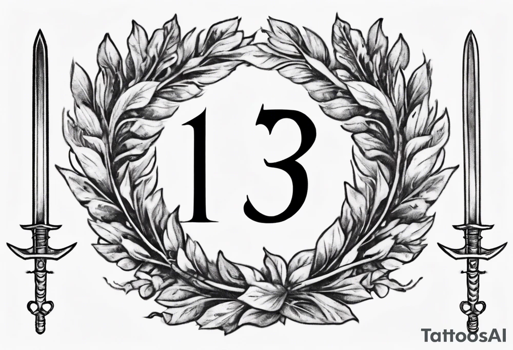 number 13 centered in a laurel leaf wreath and a sword going through the center of the wreath tattoo idea