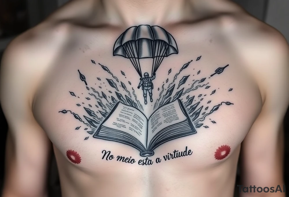 A parachuting soldier landing into an open book. Chaos surrounding, but the book is protecting the soldier from it. On the chest. Make it smaller. Make it thought provoking. "No meio esta a virtude" underneath the book. Make the chaos in the environment be a windstorm tattoo idea