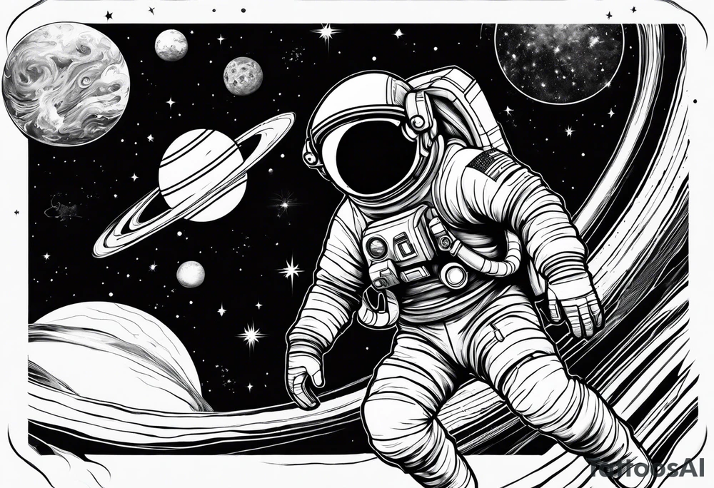 An astronaut floating in space with planets around him tattoo idea An astronaut floating in space with planets around him tattoo idea