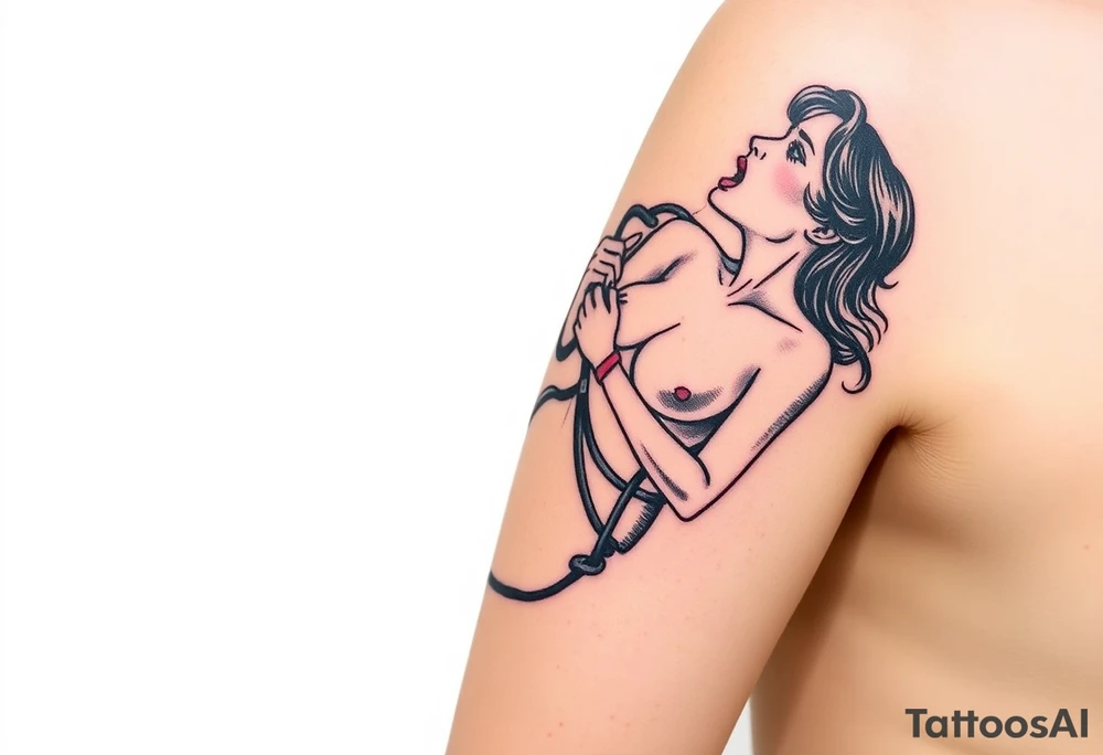 Naked Woman in restraints, with her mouth held agape by a man tattoo idea