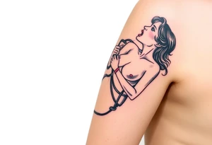 Naked Woman in restraints, with her mouth held agape by a man tattoo idea