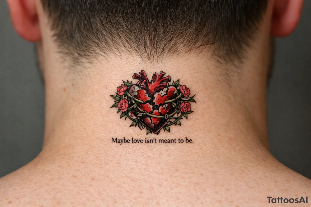 Anatomical heart broken beyond repair entwined by blooming vines, full chest piece. Maybe love isn’t meant to be tattoo idea