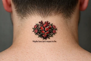 Anatomical heart broken beyond repair entwined by blooming vines, full chest piece. Maybe love isn’t meant to be tattoo idea