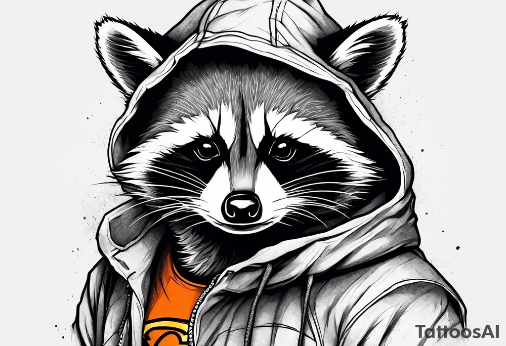Raccoon wearing an orange Superman hoodie tattoo idea