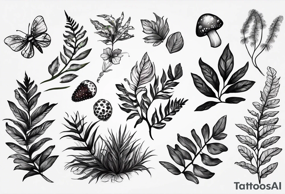forest floor inspired realistic tattoo, which includes grass, curly ferns and dead leaves as the bulk of the tattoo. details to include: three very tiny strawberries, a tiny bumblebee flying nearby, three small brown mushrooms tattoo idea