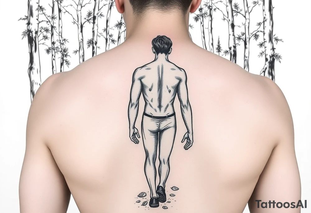 naked young man walking in the forest , pin up style, black and white tattoo idea