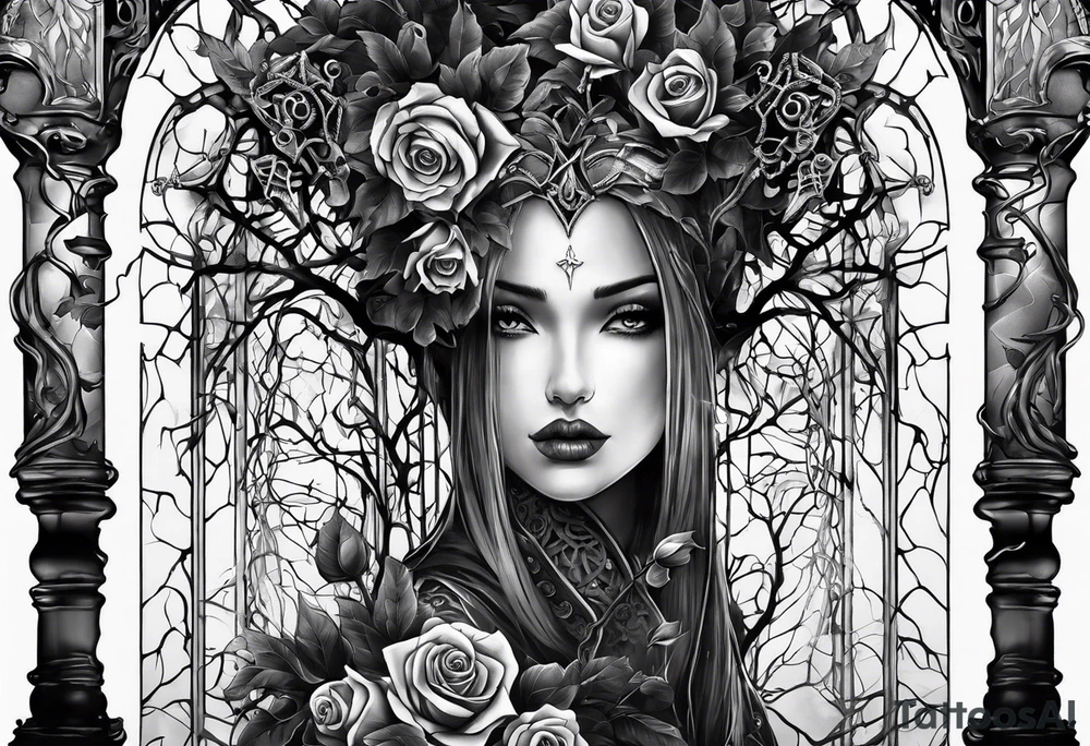 tattoo fool sleeve, dark gothic castle, tree roots break out of the chains, broken mask, roses tattoo idea